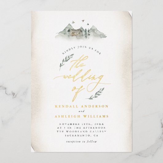 Country Tan Wasserfarben Blätter & Hochzeit Folieneinladung (Vorderseite)