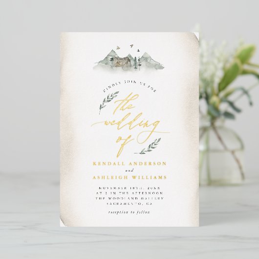 Country Tan Wasserfarben Blätter & Hochzeit Folieneinladung (Stehend vorne)