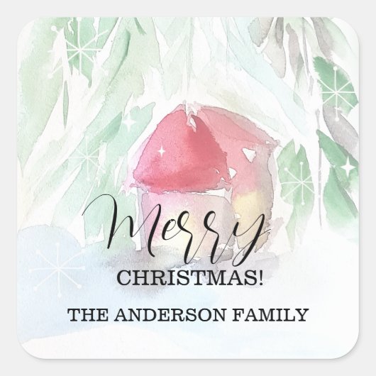 Country Village Weißes Weihnachten Quadratischer Aufkleber (Vorderseite)