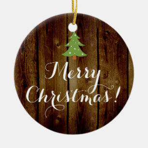 Country Vintag Wood Brown Grün Frohe Weihnachten Keramikornament
