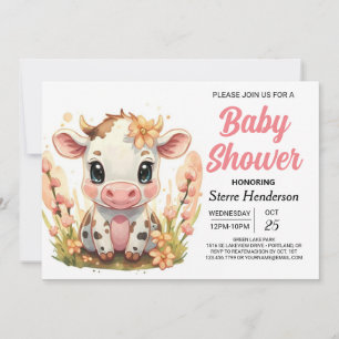 Country Watercolor Girly Cow Babydusche Einladung