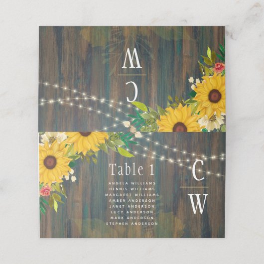 Country Wedding rustikale Holz Sonnenblumen Lichte Platzkarte (Außenseite Aufgefaltet)