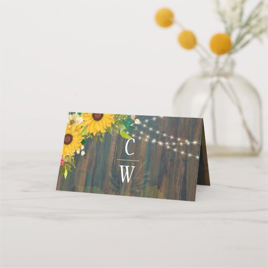 Country Wedding rustikale Holz Sonnenblumen Lichte Platzkarte (Rückseite)