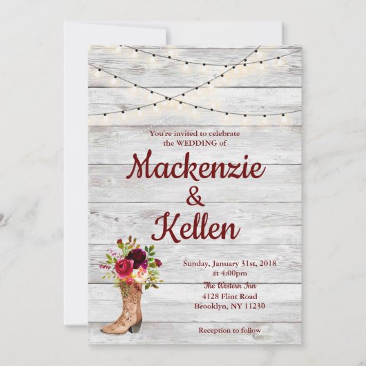 Country Western Boot Boho Rustic Marsala Wedding Einladung (Vorderseite)