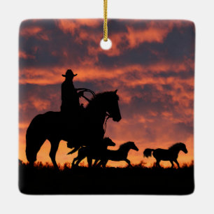 Country Western Cowboy Roundup Wilde Pferde Keramikornament