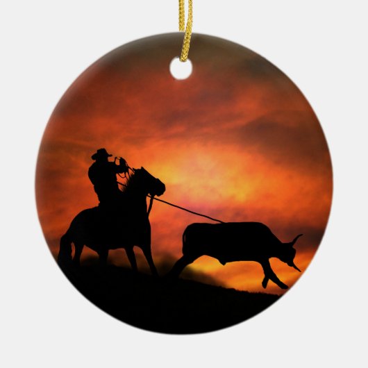 Country Western Cowboy Steer Roping Keramik Ornament (Vorne)