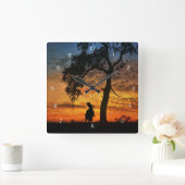 Country Western Cowboy und Eichenbaum Quadratische Wanduhr (Zuhause)