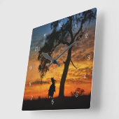 Country Western Cowboy und Eichenbaum Quadratische Wanduhr (Winkel)