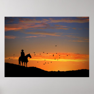 Country Western Cowboy und Pferd in Sonnenuntergan Poster