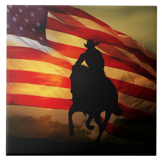 Country Western Cowboy und Pferd mit Fahne Fliese (Vorderseite)