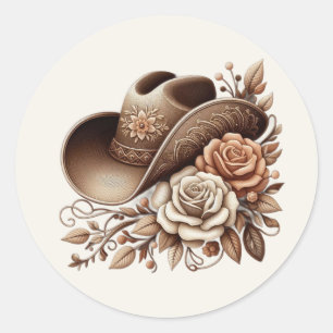 Country Western Cowgirl Hut mit Blume Runder Aufkleber