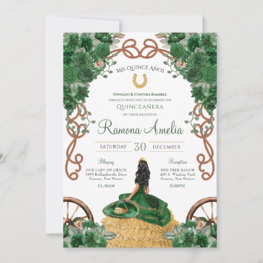 Country Western Emerald Green Floral Quinceñera Einladung (Vorderseite)