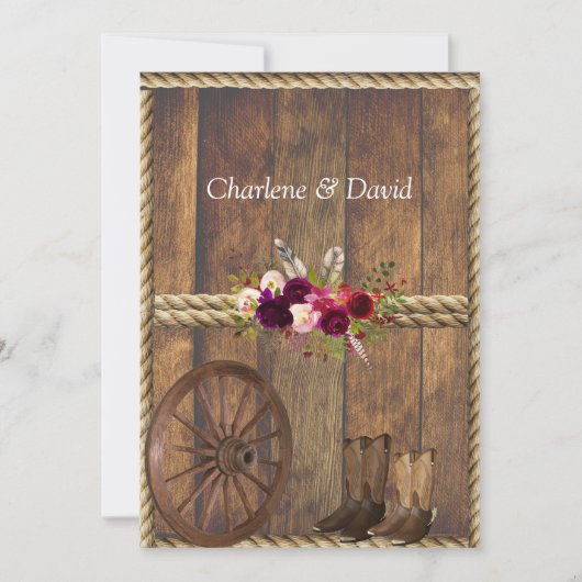 Country Western Hochzeit Rote Rosen Feathers Rope Einladung (Vorderseite)