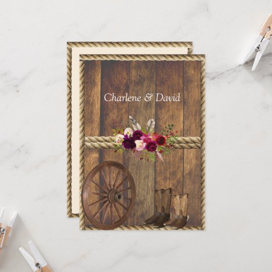 Country Western Hochzeit Rote Rosen Feathers Rope Einladung (Vorderseite/Rückseite Beispiel)