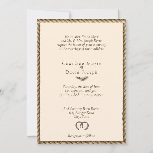 Country Western Hochzeit Rote Rosen Feathers Rope Einladung (Rückseite)