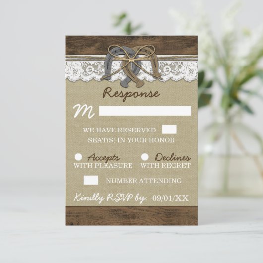 Country Western Horseshoe Wedding RSVP Cards (Stehend Vorderseite)