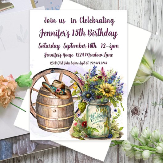 Country Western, Mason Jar, 15. Geburtstag Einladung