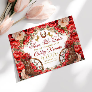 Country Western Quinceanera Rote Rosen Cowboy-Stie Save The Date