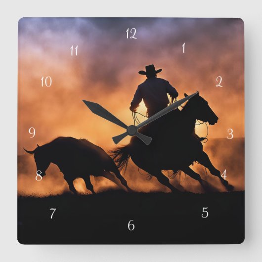 Country Western Roping Cowboy and Pferd Quadratische Wanduhr (Vorderseite)