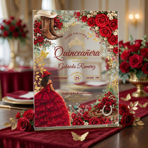 Country Western Rote Rosen Golden Quinceañera Acryleinladungen