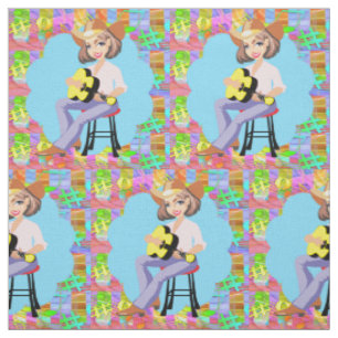 Country Western singend Cowgirl mit gelber Gitarre Stoff
