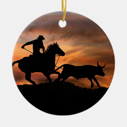 Country Western Steer Roping Cowboy Keramik Ornament (Vorne)
