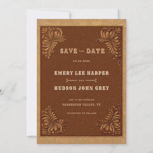 Country Western Tooled Leather Rustic Wedding Save The Date (Vorderseite)