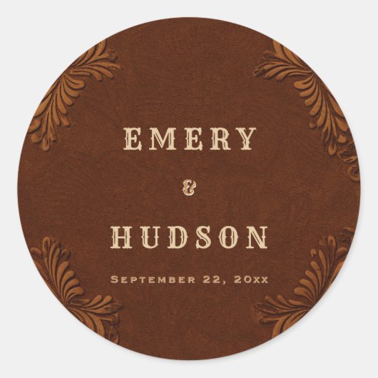 Country Western Tooled Rustic Terracotta Wedding Runder Aufkleber (Vorderseite)