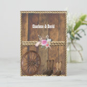 Country Western Wedding Pink Roses Feathers Rope I Einladung (Stehend Vorderseite)