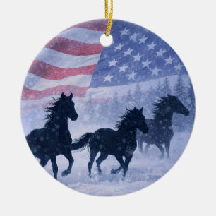 Country Western Wilde Pferde im Schnee Weihnachten Keramik Ornament