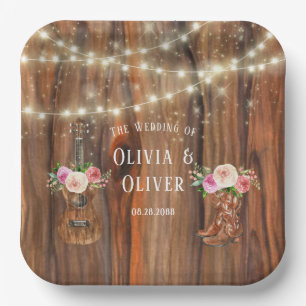 Country Western Wood Lights Violine Hochzeit Pappteller