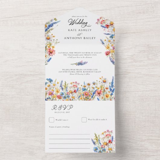 Country Wildblume farbenfrohe blumenreiche Hochzei All In One Einladung (Innen Boden)