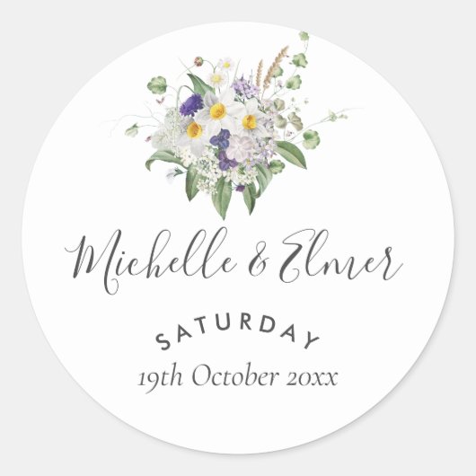 Country Wildblumen Grüne Posy Gastgeschenk Hochzei Runder Aufkleber (Vorderseite)