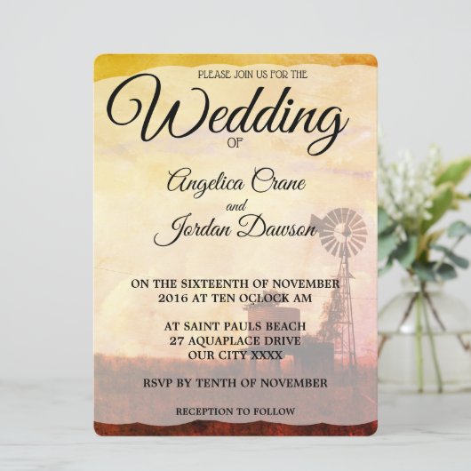 Country Windmill Rustic Wedding Einladung (Stehend Vorderseite)