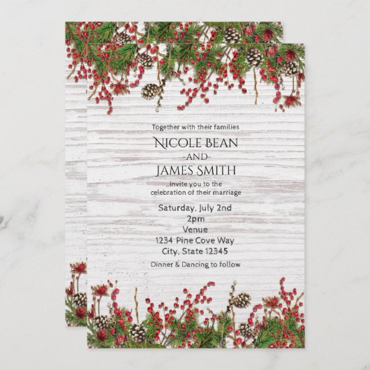 Country Winter Holiday Berries & Pine Cone Wedding Einladung (Vorne/Hinten)