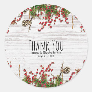Country Winter Holiday Berries & Pine Cone Wedding Runder Aufkleber
