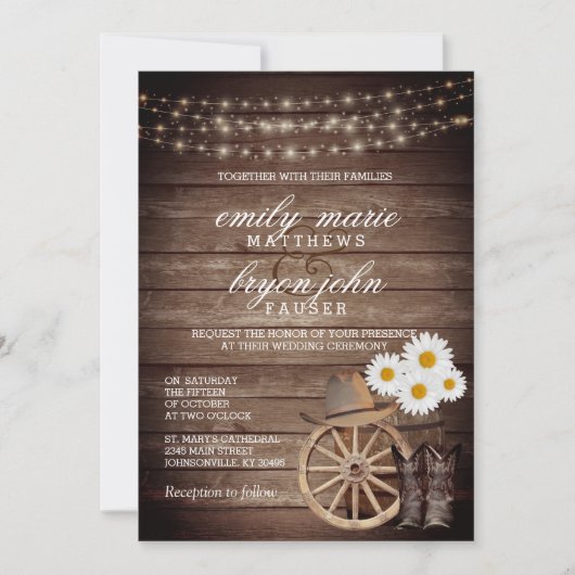 Country Wood Barrel Hochzeit mit Daisy Blume Einladung (Vorderseite)