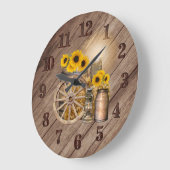 Country Wood Barrel und Sonnenblumen Große Wanduhr (Winkel)