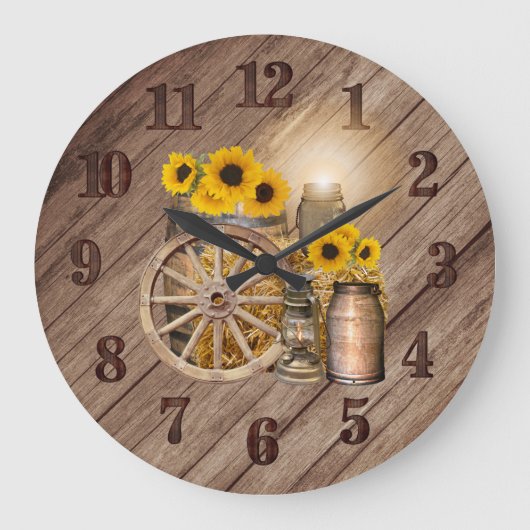 Country Wood Barrel und Sonnenblumen Große Wanduhr (Vorderseite)
