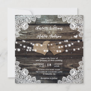 Country Wood Burlap Hearts Blumenlace Hochzeit Einladung