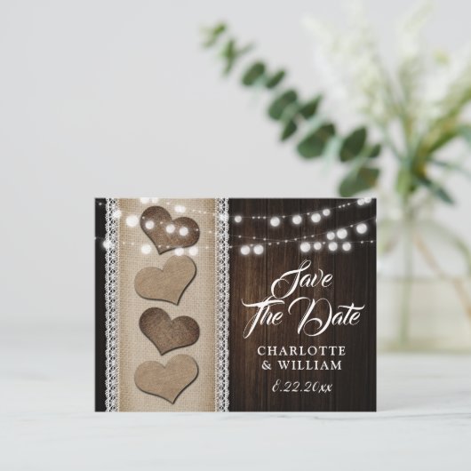 Country Wood Burlap Lace String Lights Hochzeit Ankündigungspostkarte (Stehend Vorderseite)