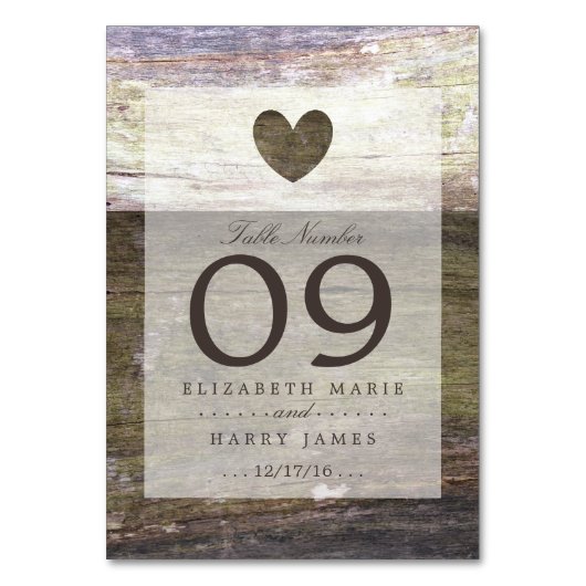 Country Wood Heart Wedding Tischnummer (Vorderseite)