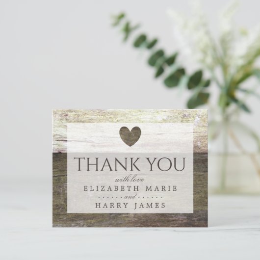 Country Wood Heart Wedding Vielen Dank Postkarte (Stehend Vorderseite)