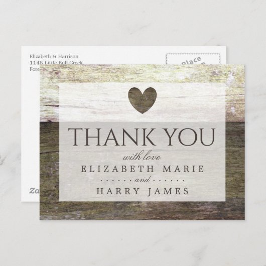 Country Wood Heart Wedding Vielen Dank Postkarte (Vorne/Hinten)