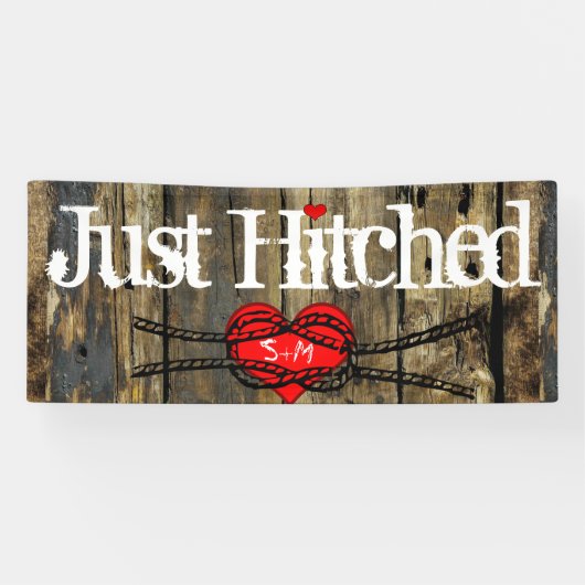 Country Wood Lights Just Hitched Heart Knot Banner (Horizontal)
