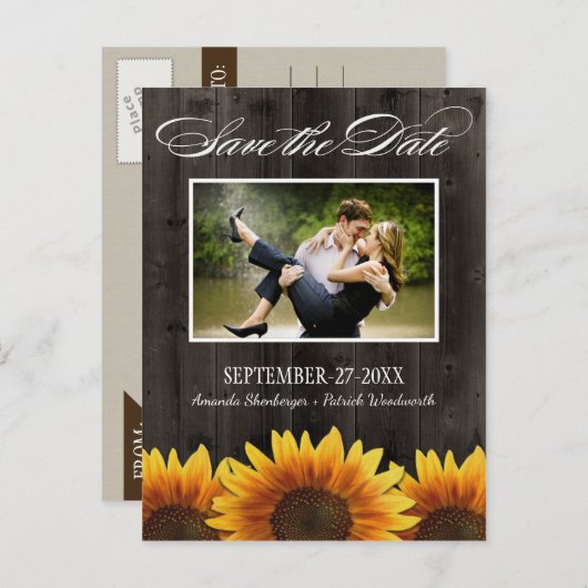 Country Wood Rustic Sonnenblume Speichern Sie die  Ankündigungspostkarte (Vorne/Hinten)