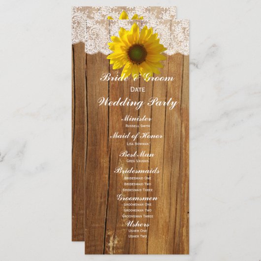 Country Wood Sunflower Lace Hochzeitsprogramm Programm (Vorne/Hinten)