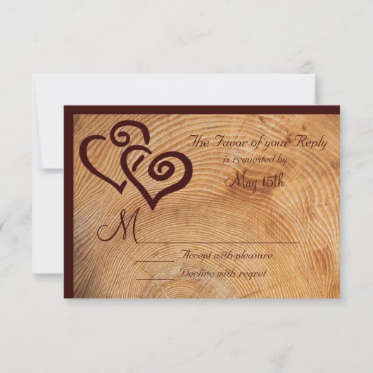 Country Wood Tree Rings Double Hearts Wedding RSVP (Vorderseite)
