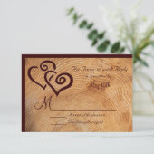 Country Wood Tree Rings Double Hearts Wedding RSVP (Stehend Vorderseite)