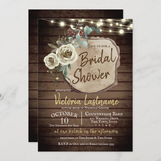 Country Wood Tree Slice rustikale String Lights Einladung (Vorne/Hinten)